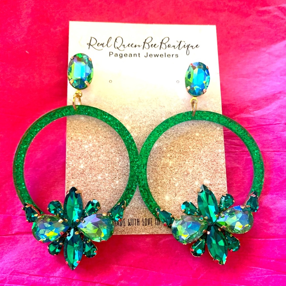 Green Sparkling Hoop Crystal Earrings pierced